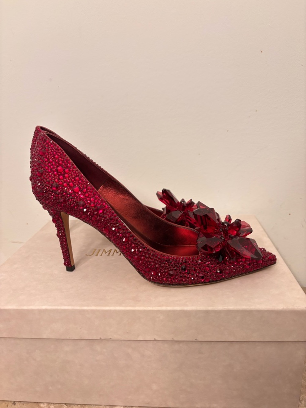 Jimmy Choo Alia 37 Red Crystal-Embellished Pointed Stiletto Pumps - Picture 4 of 9